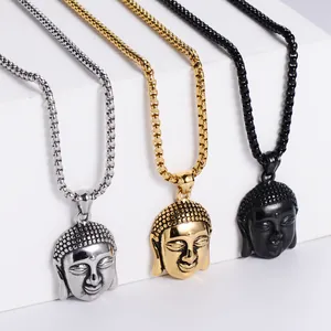 Buddha-Kopf-Anhänger aus Edelstahl in Silber, Gold und Schwarz mit Kugelkette
