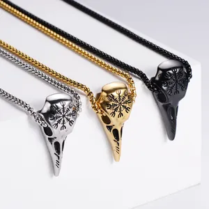 Vintage stainless steel crow skull pendants with Viking runes in silver, gold, and black