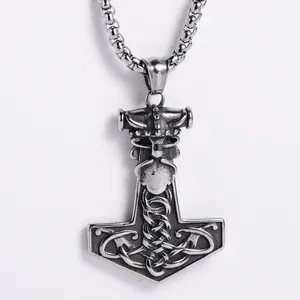 Vintage Viking Thor's Hammer Mjölnir pendant with Celtic knot details on steel chain