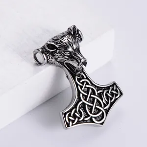 Vintage Viking wolf head Thor hammer Mjolnir pendant necklace in oxidized steel