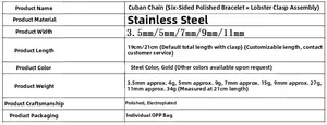 Size chart for punk stainless steel Cuban link chains with lobster clasp details