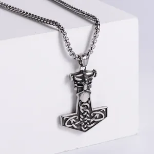 Vintage Thor's Hammer Mjolnir pendant with Viking warrior head on a sturdy metal chain
