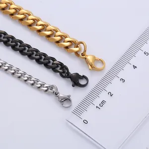 Detailed close-up of 8mm stainless steel Cuban chains in gold, black, and silver with ruler