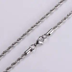 Macro shot of silver stainless steel rope chain showing secure lobster clasp closure