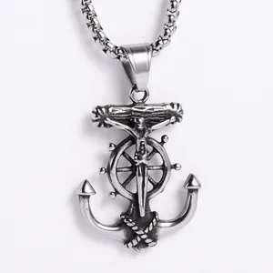 Collar con colgante de ancla timón y crucifijo de acero inoxidable estilo hip hop para hombre