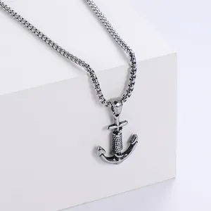 Vintage stainless steel anchor pendant necklace with rope detail and round box chain