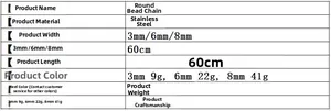 Tabla de especificaciones para cadena de bolas de acero inox de 3mm, 6mm y 8mm
