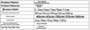Size chart showing width and length options for stainless steel cuban link necklaces