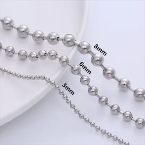 Polished stainless steel ball chains shown in 3mm, 6mm, and 8mm sizes on a white tray