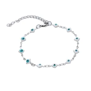 Silver stainless steel bracelet featuring square evil eye enamel charms and lobster clasp