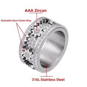 Détails des engrenages rotatifs et zircons AAA sur une bague hip hop en acier inoxydable 316L