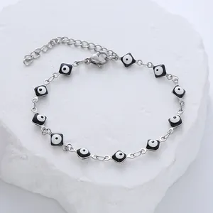 Silver stainless steel evil eye bracelet with square black enamel charms and lobster clasp