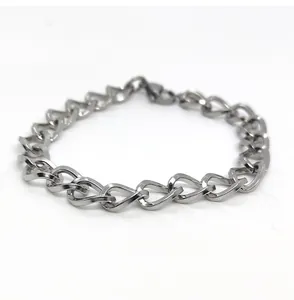 8.5mm silver stainless steel Cuban link bracelet with interlocking heart chain design