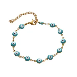 Detail of 6mm evil eye charms on gold-plated stainless steel chain with lobster clasp