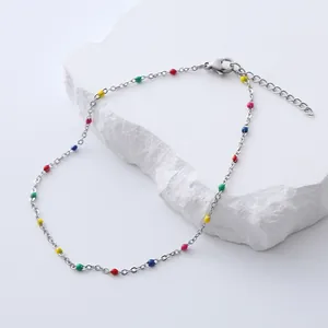 Bohemian Stainless Steel Colorful Enamel Bead Anklet For Women Adjustable Gold Silver Drip Oil Summer Beach Jewelry Gift