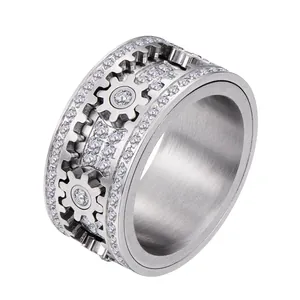 Bague Rotative Mécanique en Acier Inoxydable 316L avec Zircone AAA Incrustée Bijoux Hip Hop Punk Rotatifs pour Homme Femme