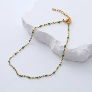 Minimalist bohemian gold stainless steel chain bracelet with vibrant green enamel beads
