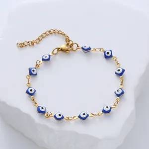 Stainless Steel Gold Plated Evil Eye Bracelet With Enamel Square Pendants Adjustable Lucky Protection Chain Jewelry For Women