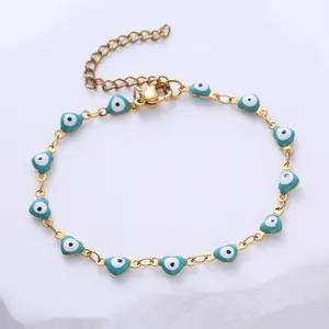 Gold plated evil eye heart link bracelet with colorful enamel pendants and lobster clasp
