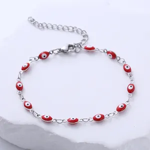 Bracelet œil maléfique rouge avec perles ovales en émail et chaîne en acier inoxydable