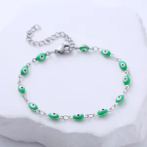 Bracelet chaîne en acier inoxydable avec breloques œil de protection en émail vert