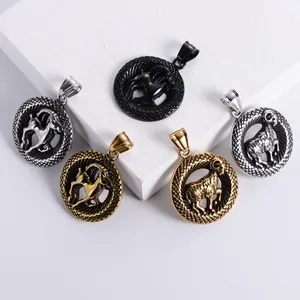 Retro stainless steel zodiac pendant necklaces in silver, gold and black finishes