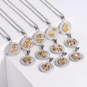 Colliers 12 signes du zodiaque en acier titane avec pendentifs ronds bicolores or et argent