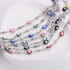 Stainless Steel Hamsa Hand Evil Eye Pendant Necklace Colorful Enamel Drip Oil Beaded Chain Boho Jewelry Gift For Women