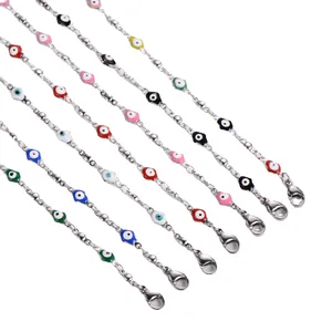 Colorful evil eye necklaces in stainless steel with lobster clasp on white background
