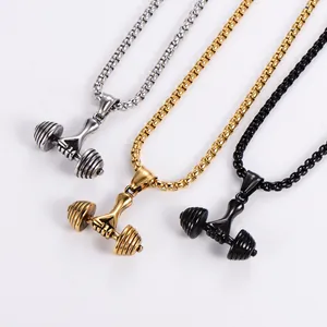 Fitness dumbbell pendant necklace in silver, gold and black stainless steel for men