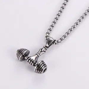 Men's stainless steel dumbbell pendant necklace with a matte silver box chain for fitness