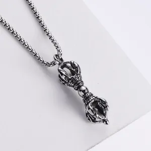 Retro stainless steel Vajra pendant necklace with box chain in vintage punk style