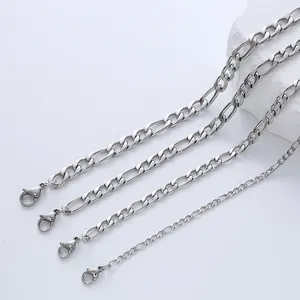 Cadenas Figaro de acero inoxidable pulido en cuatro grosores con cierre de langosta