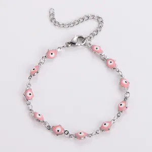 Colorful evil eye hand bracelet in stainless steel with pink fish charms for couples