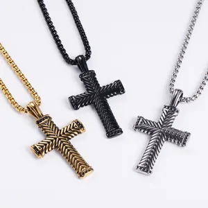 Retro stainless steel cross pendant necklace in gold, black, and silver finishes