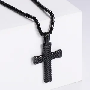 Classic vintage black stainless steel cross necklace with textured chevron engraving and box chain