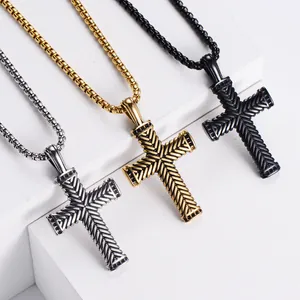 Vintage stainless steel cross necklaces in gold, silver, and black with box chains