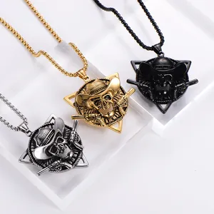 Hip hop stainless steel pirate skull pendant necklace with dual guns in gold silver and black