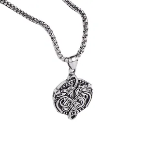 Vintage stainless steel necklace featuring a round Celtic dragon totem medallion pendant