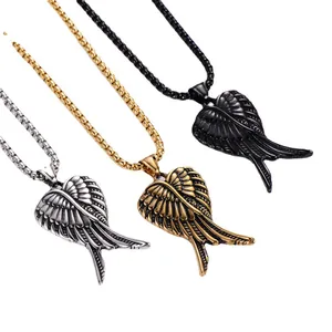 Colliers pendentifs ailes d'ange punk rétro en acier inoxydable argenté, doré et noir