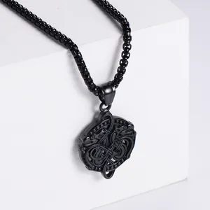 Retro black stainless steel necklace with Viking totem pendant on box chain