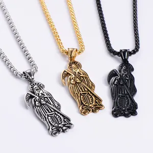 Collana con ciondolo Santa Muerte in acciaio inossidabile retrò in argento oro e nero