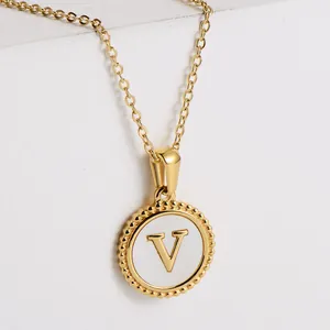 Women's 18k Gold Plated Stainless Steel Round White Shell Initial Letter Pendant Necklace Minimalist Beaded Edge Jewelry