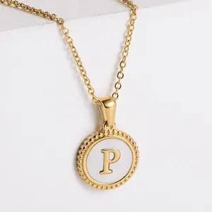 18k gold plated stainless steel necklace with round white shell letter P pendant