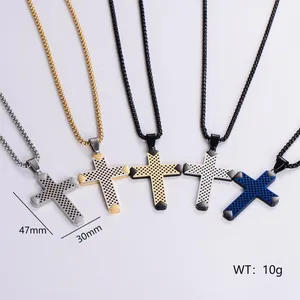 Stainless Steel Cross Pendant Necklace For Men Women Fashion Grid Texture Religious Jewelry Gold Silver Black Blue Necklace