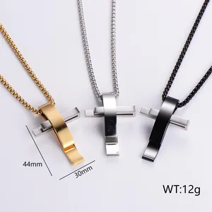 Three-color stainless steel cross necklaces in gold, silver, and black finishes