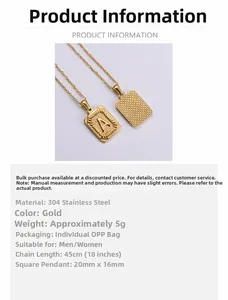 Detailed specs of gold 18k plated stainless steel rectangle initial pendant necklace