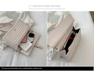 Détail de l'intérieur du sac beige matelassé montrant l'espace pour téléphone et portefeuille