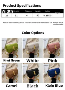 Tabella taglie dettagliata e display colori della borsa baguette in pelle PU minimalista