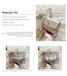Detailed size chart of beige quilted crossbody bag with PU leather dimensions and strap length